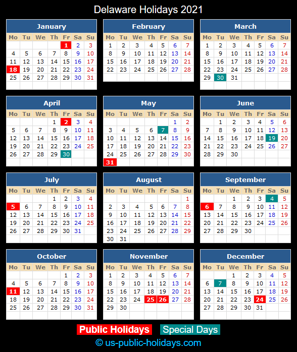 Delaware Holiday Calendar 2021
